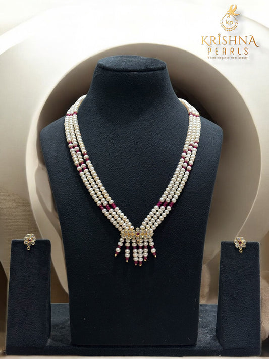 Royal Three Strand Ruby & Pearls Necklace Set
