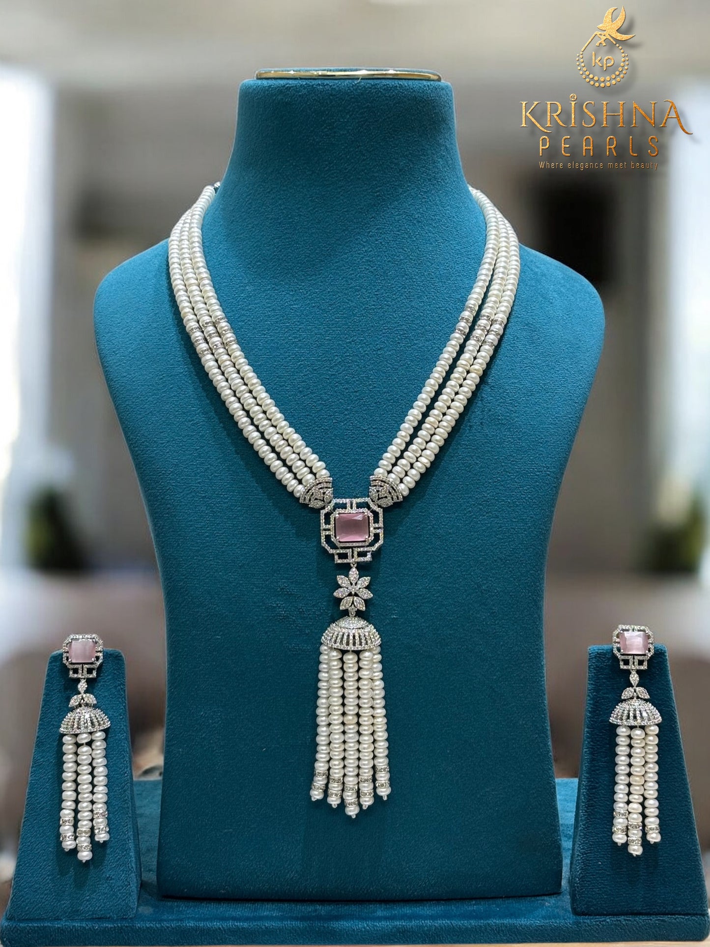 Rose Quartz Empress Three-Strand Pearls Tassel Set