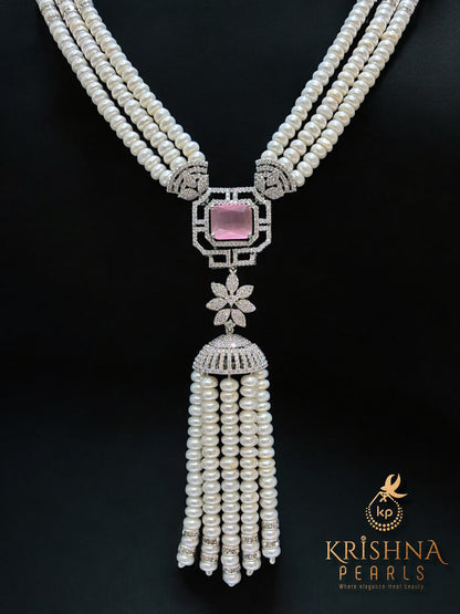 Rose Quartz Empress Three-Strand Pearls Tassel Set