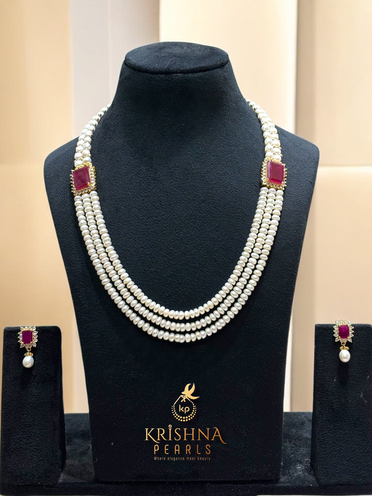 Royal Ruby Pearls Triple-Strand Side Broch Set