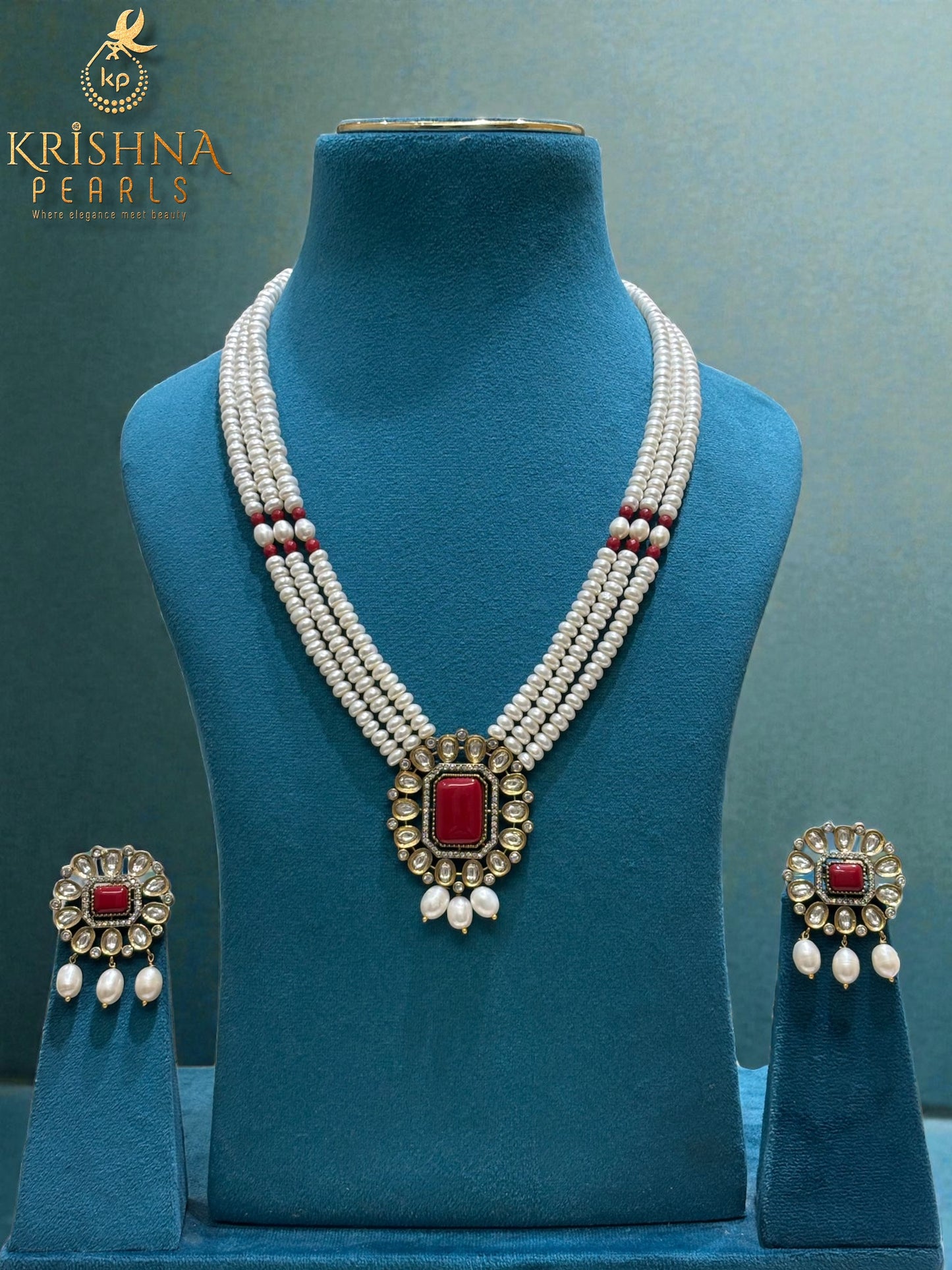 Polki Heritage Pearls Three Row Necklace Set