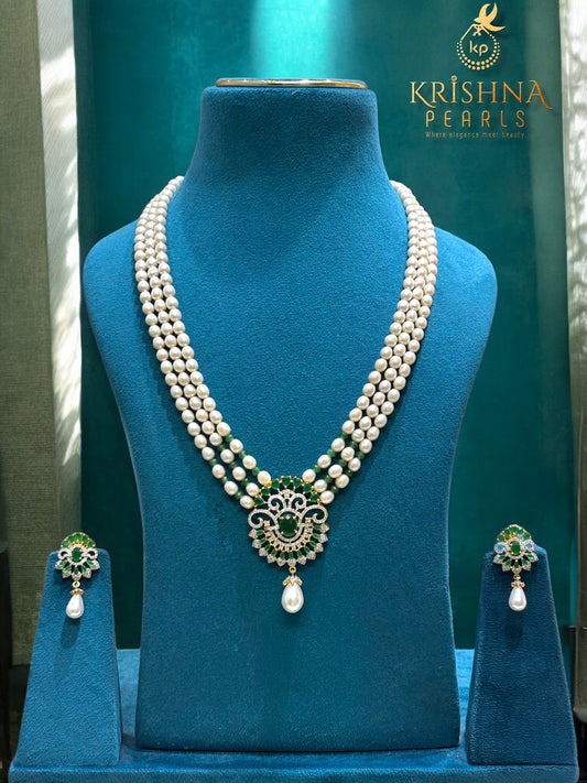 Emerald Blossom Heritage Three Strand Pearls NecklaceSet