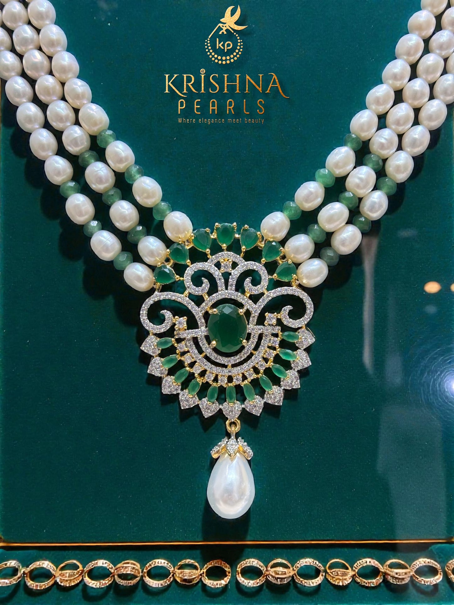 Emerald Blossom Heritage Three Strand Pearls NecklaceSet