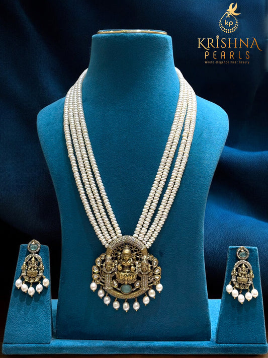 Divine Lakshmi Nakshi Oxidised Four Strand Pearls Long Necklace Set Temple Jewellery