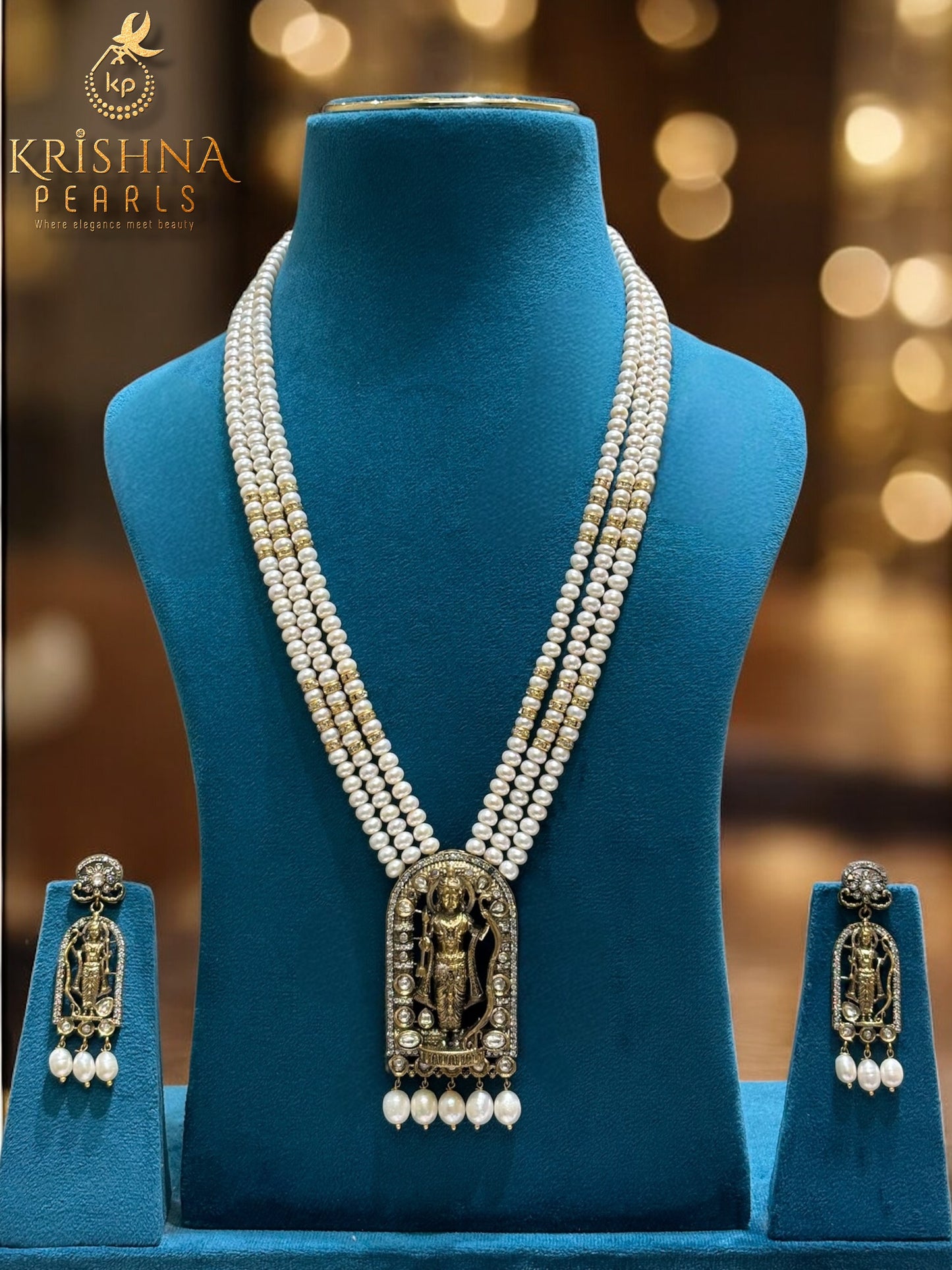 Divine Rama Heritage Three Strand Pearls Necklace Set Temple Jewellery