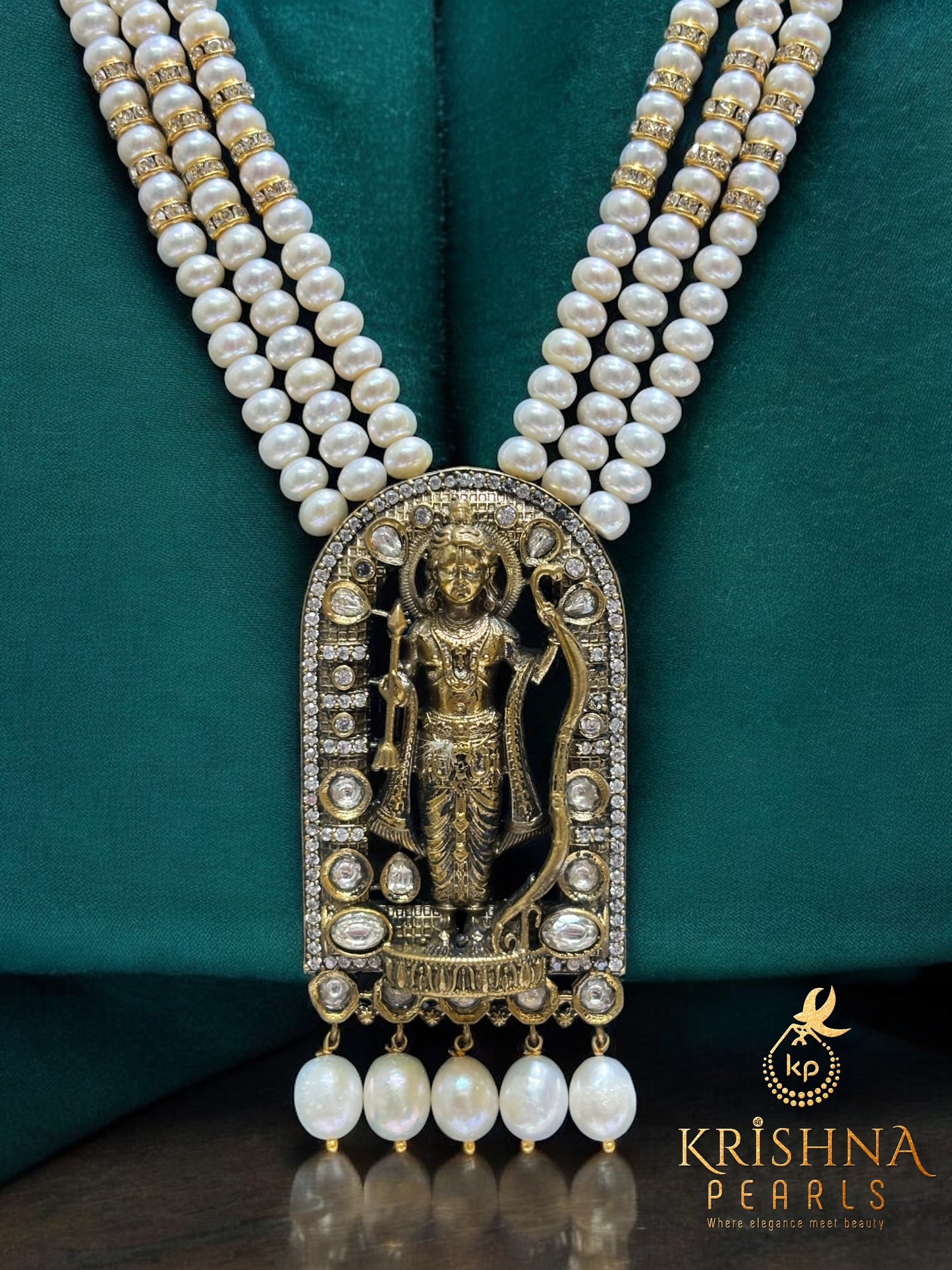 Divine Rama Heritage Three Strand Pearls Necklace Set Temple Jewellery
