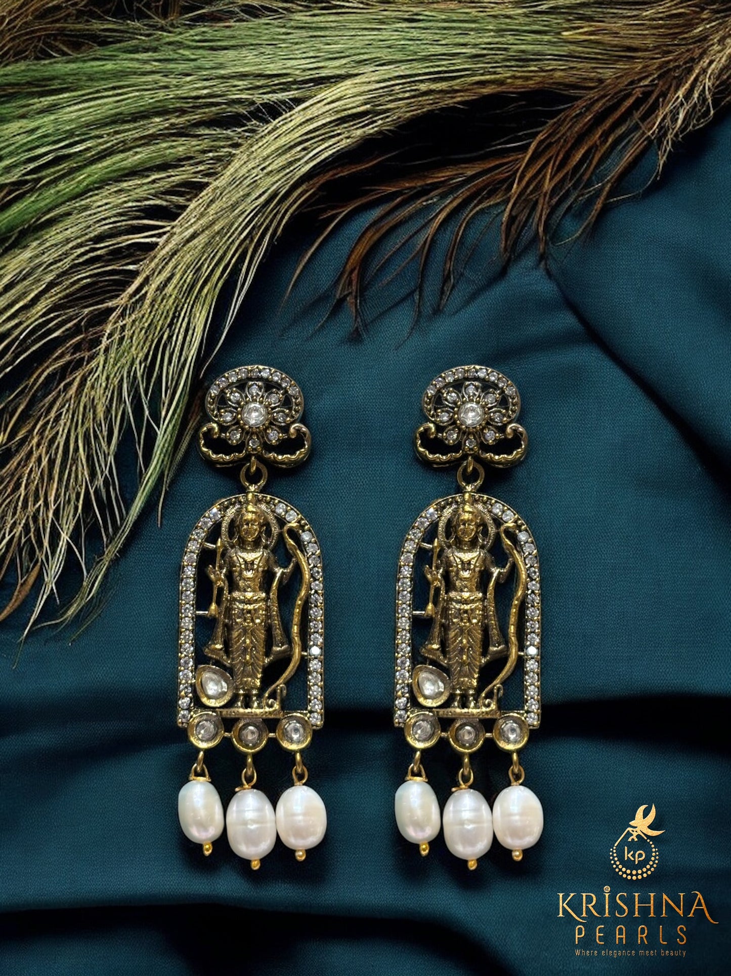 Divine Rama Heritage Three Strand Pearls Necklace Set Temple Jewellery