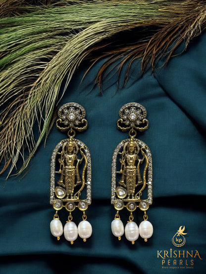 Divine Rama Heritage Three Strand Pearls Necklace Set Temple Jewellery