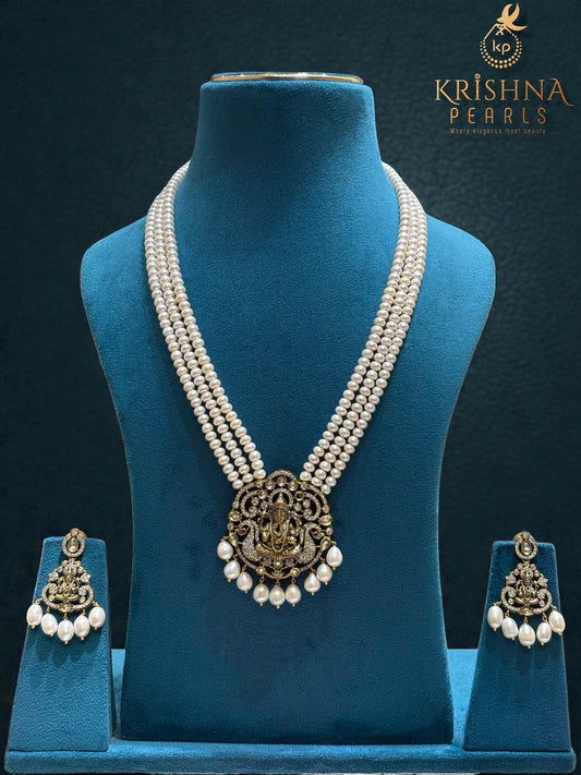 Ganesha Oxidised Pendent With Three Strand Pearls Necklace Set Temple Jewellery