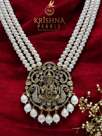 Ganesha Oxidised Pendent With Three Strand Pearls Necklace Set Temple Jewellery