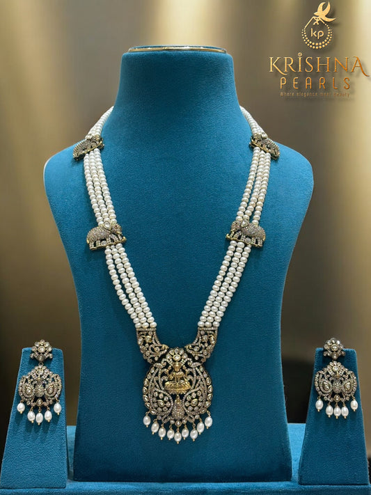 Gajalakshmi Oxidised Three Strand Long Pearls Necklace Temple Jewellery