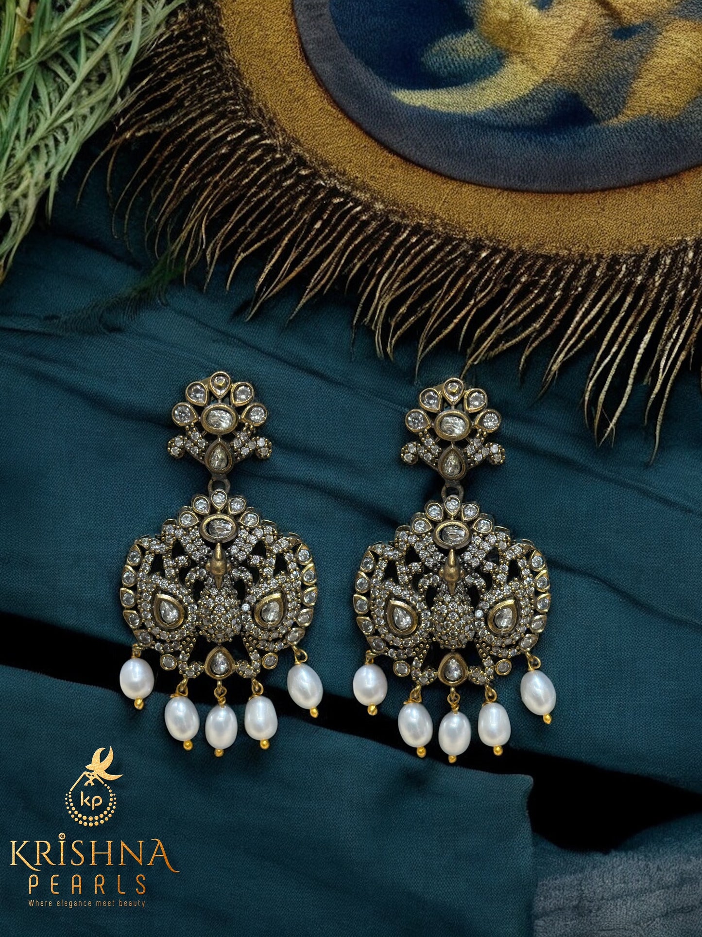 Gajalakshmi Oxidised Three Strand Long Pearls Necklace Temple Jewellery