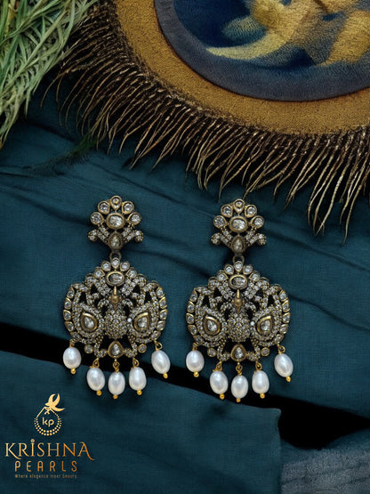 Gajalakshmi Oxidised Three Strand Long Pearls Necklace Temple Jewellery