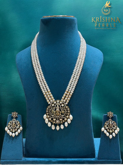 Divine Balaji Oxidised Pendent With Three Strand Pearls Long Necklace Set Temple Jewellery