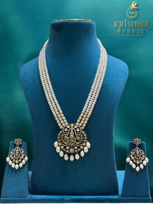 Divine Balaji Oxidised Pendent With Three Strand Pearls Long Necklace Set Temple Jewellery