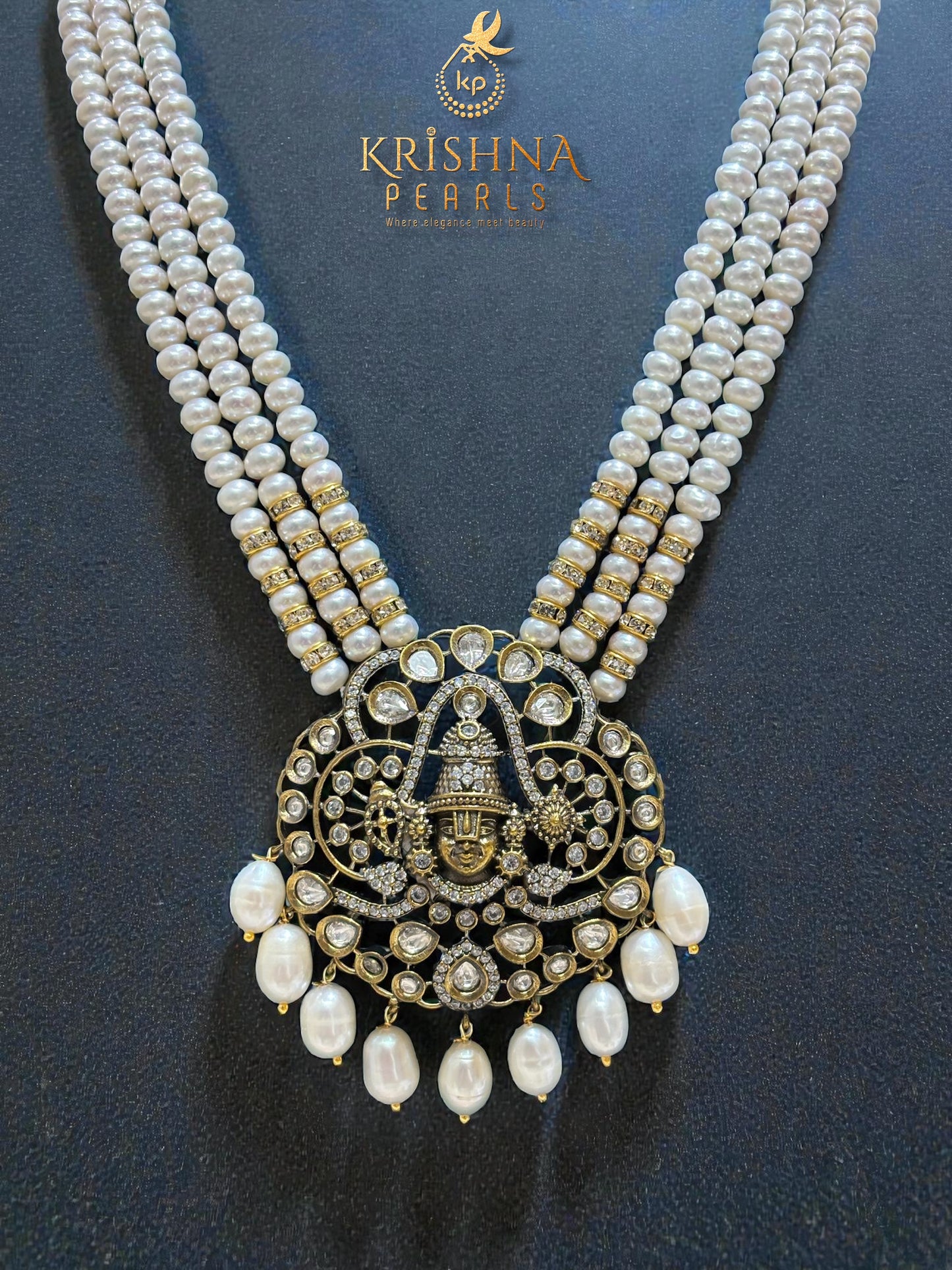 Divine Balaji Oxidised Pendent With Three Strand Pearls Long Necklace Set Temple Jewellery