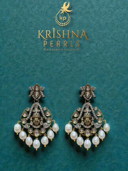 Divine Balaji Oxidised Pendent With Three Strand Pearls Long Necklace Set Temple Jewellery