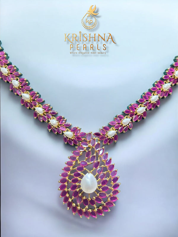 Royal Ruby Studded With Pearls Necklace Set