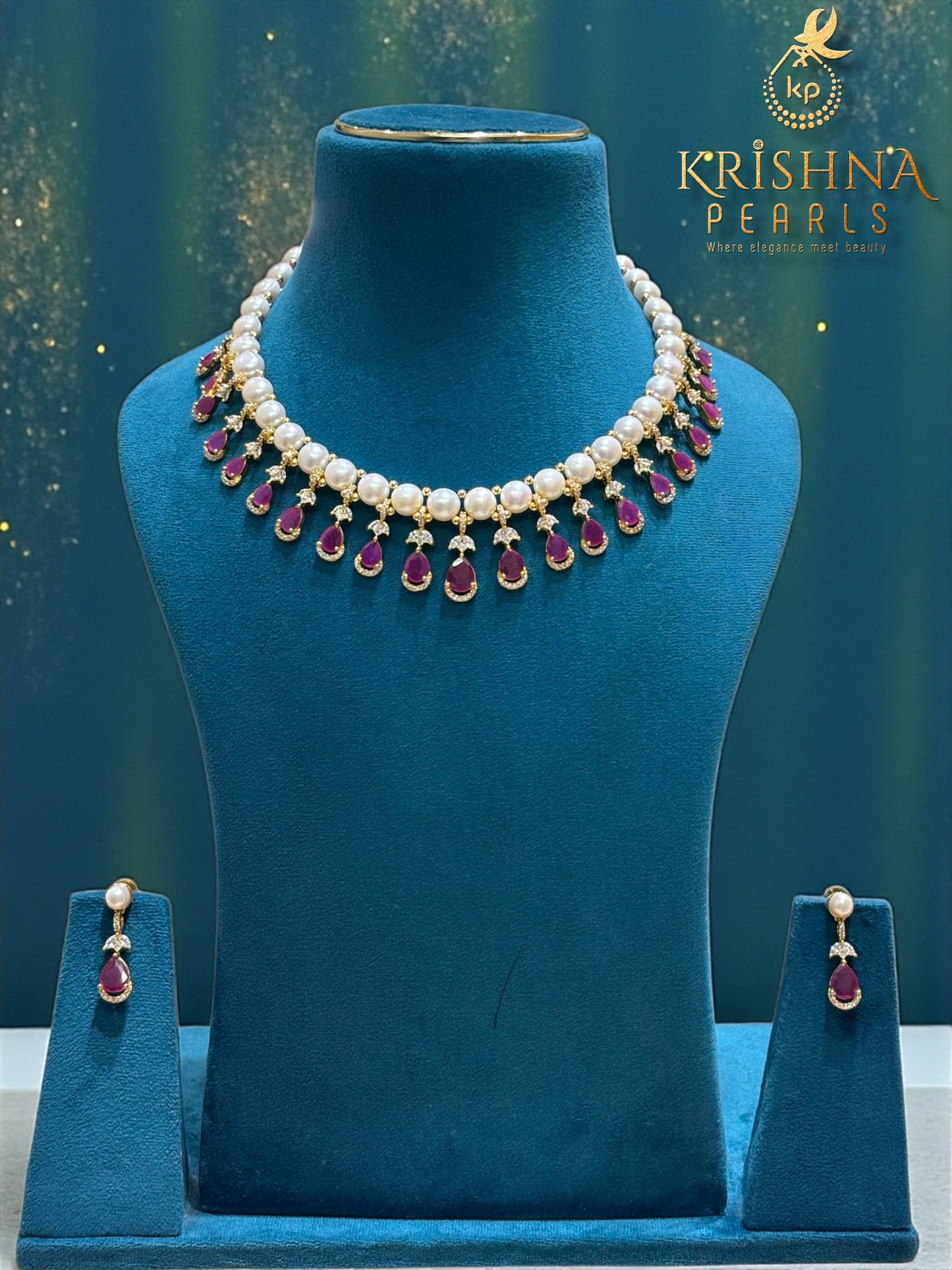 Royal Ruby Button Big Pearls Necklace Set