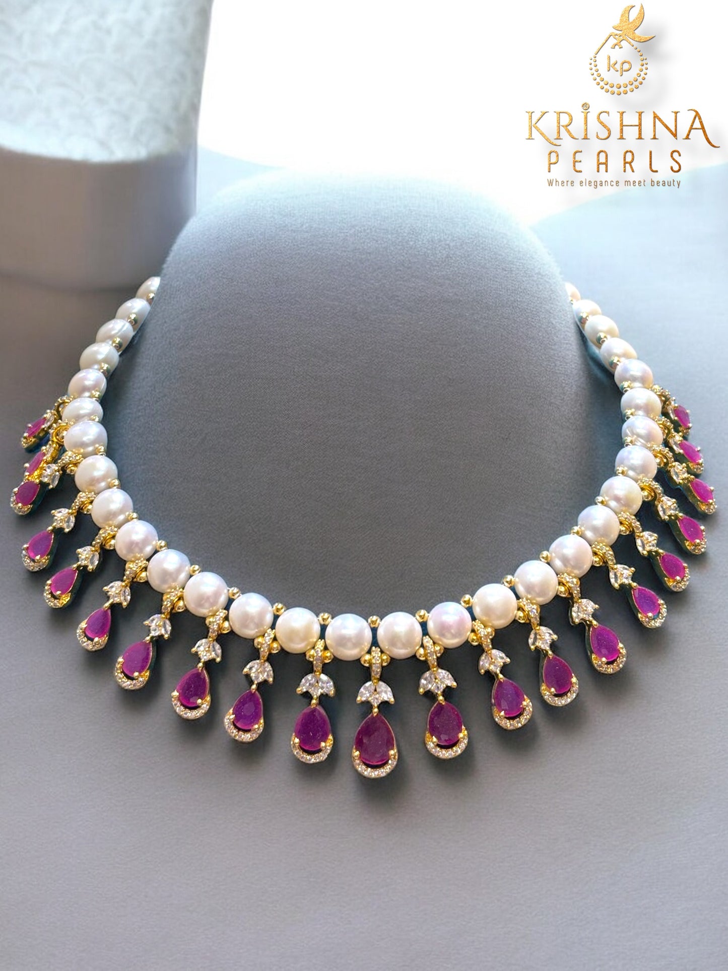 Royal Ruby Button Big Pearls Necklace Set