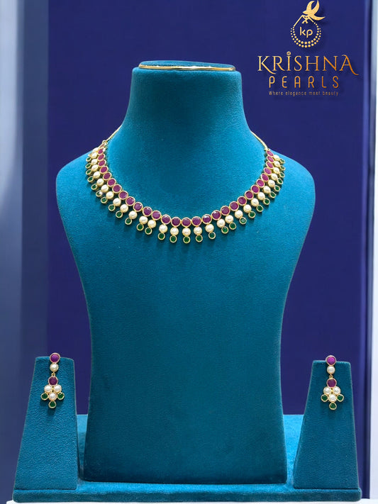Adorable Ruby Emerald & Pearls Studded Necklace Set