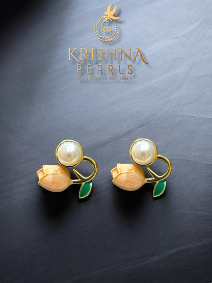 "Coral Tulip" Pearl Studs Two In One Earrings