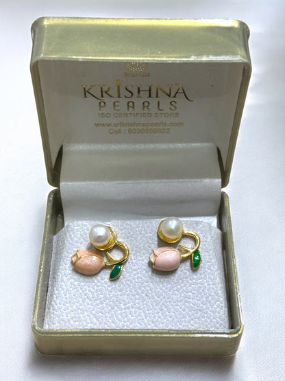 "Coral Tulip" Pearl Studs Two In One Earrings
