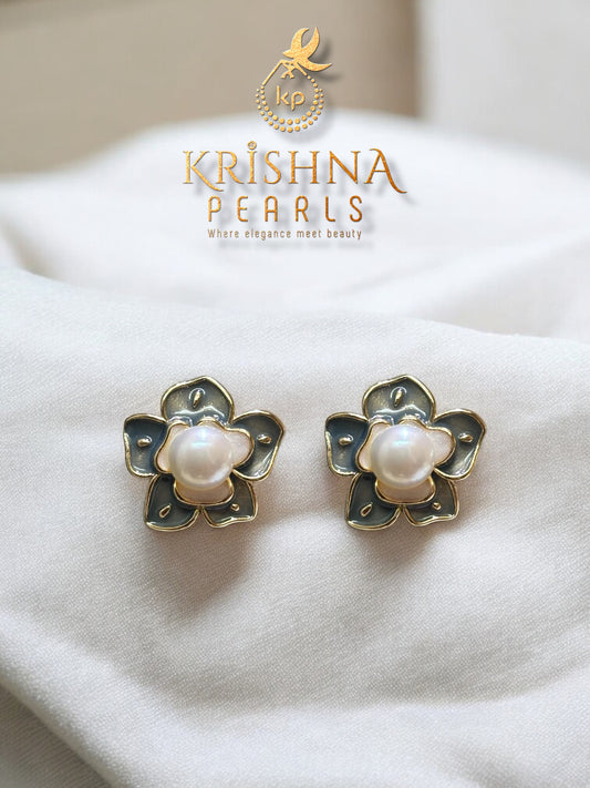 Midnight Blossom Pearl & Grey Enamel Studs