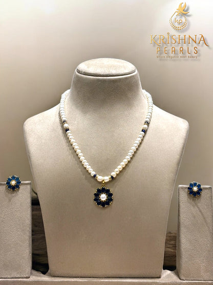 Azure Blue Floret With Pearls Necklace