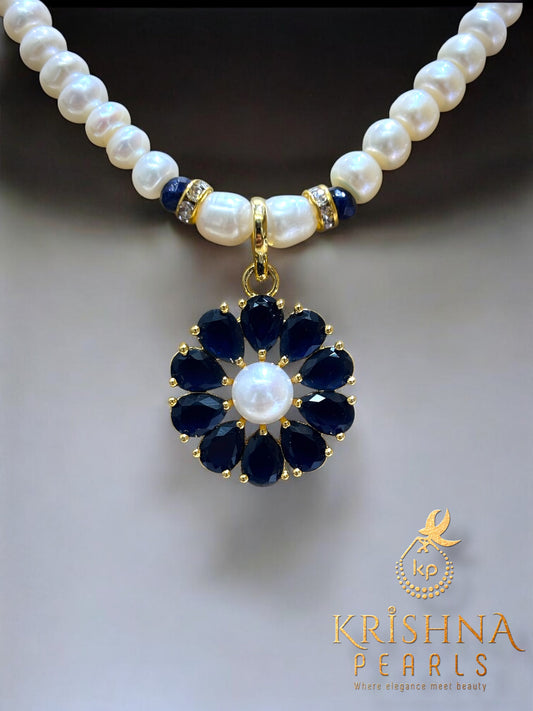 Azure Blue Floret With Pearls Necklace