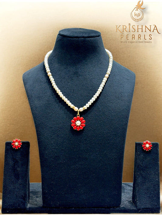 Floral Symphony Coral Studded Pearls Necklace Set