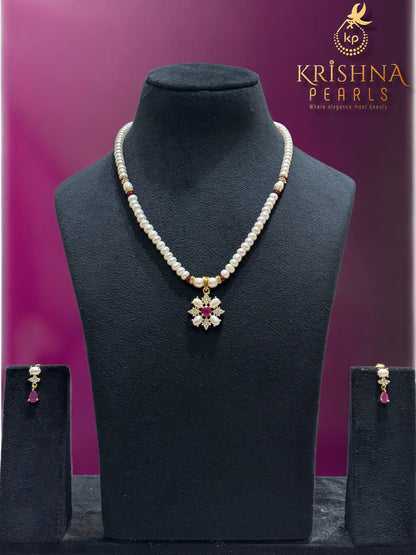 Adorable Flora Motif Ruby Studded Pearls Necklace Set