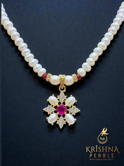Adorable Flora Motif Ruby Studded Pearls Necklace Set