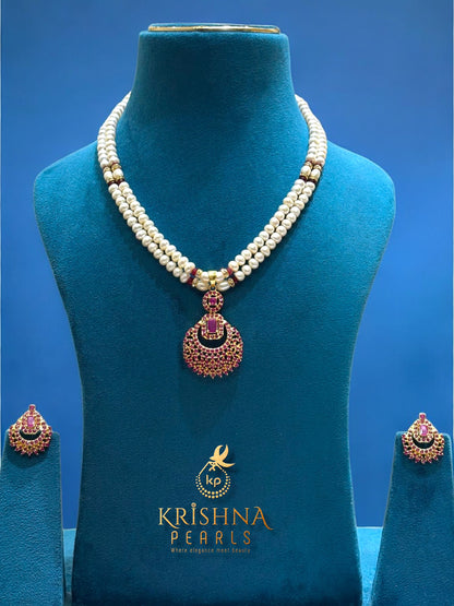 Traditional Ruby Studded Pearls Necklace Set