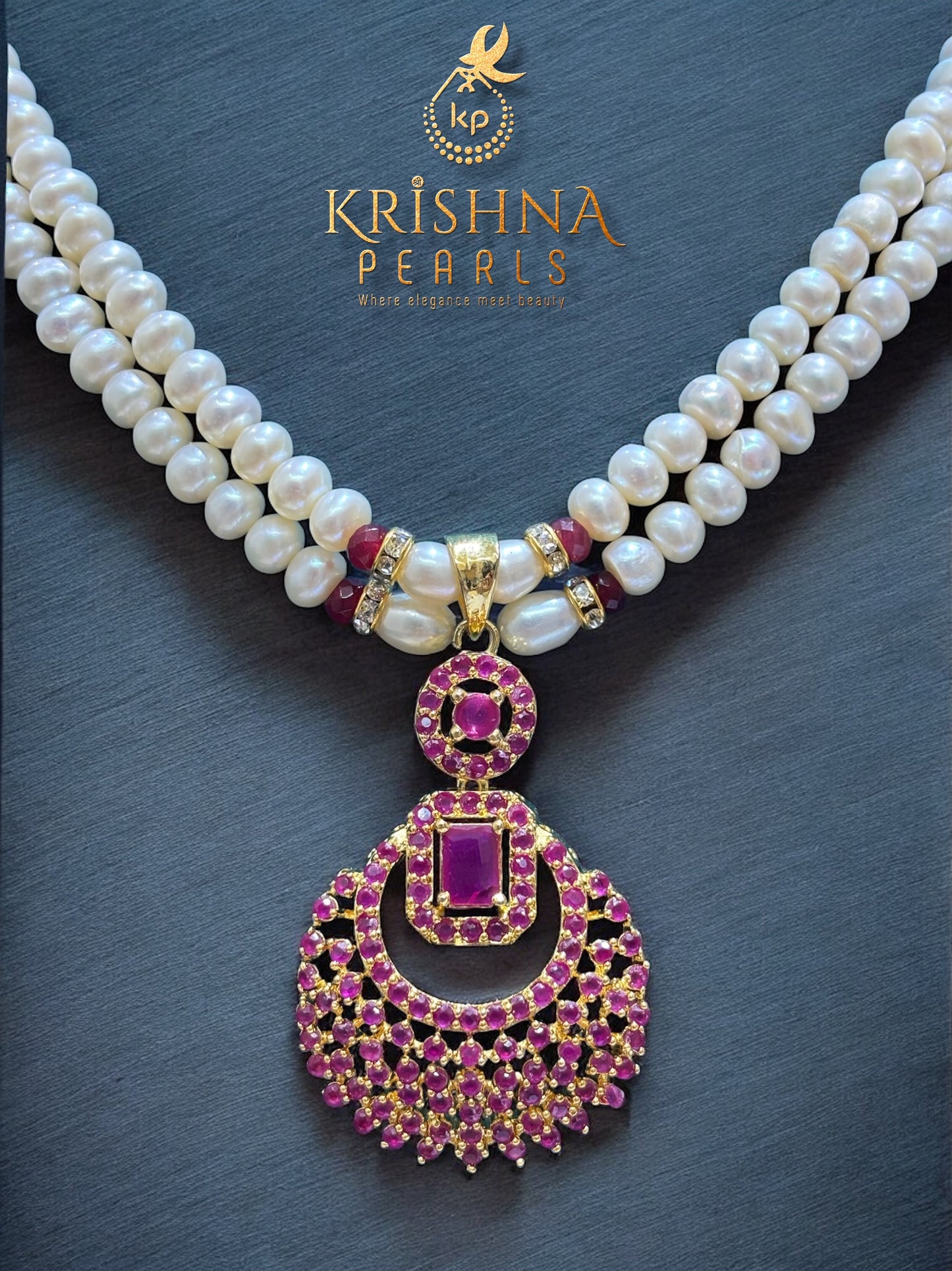 Traditional Ruby Studded Pearls Necklace Set