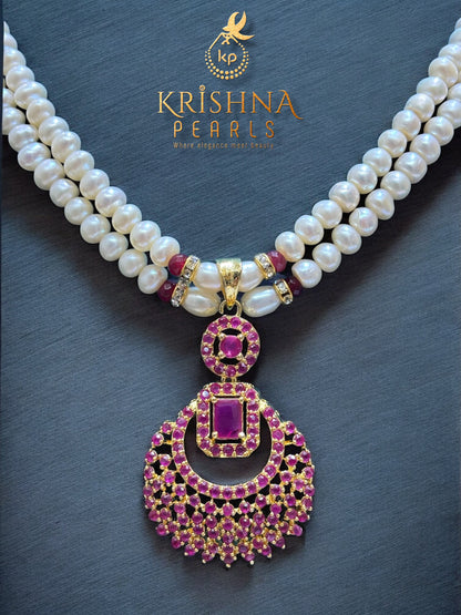 Traditional Ruby Studded Pearls Necklace Set