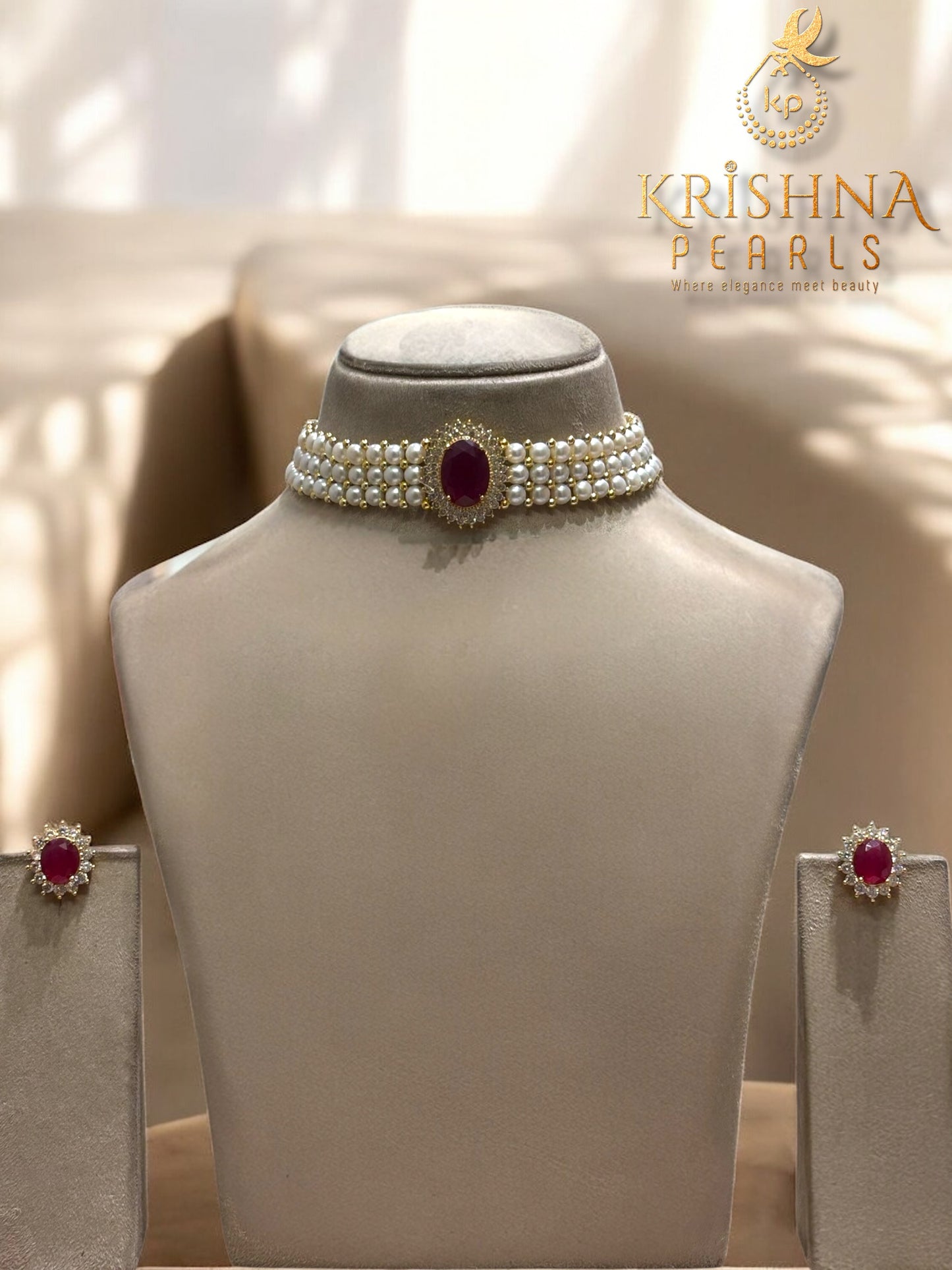 Designer Pearl Choker Set Three Row (Ruby)