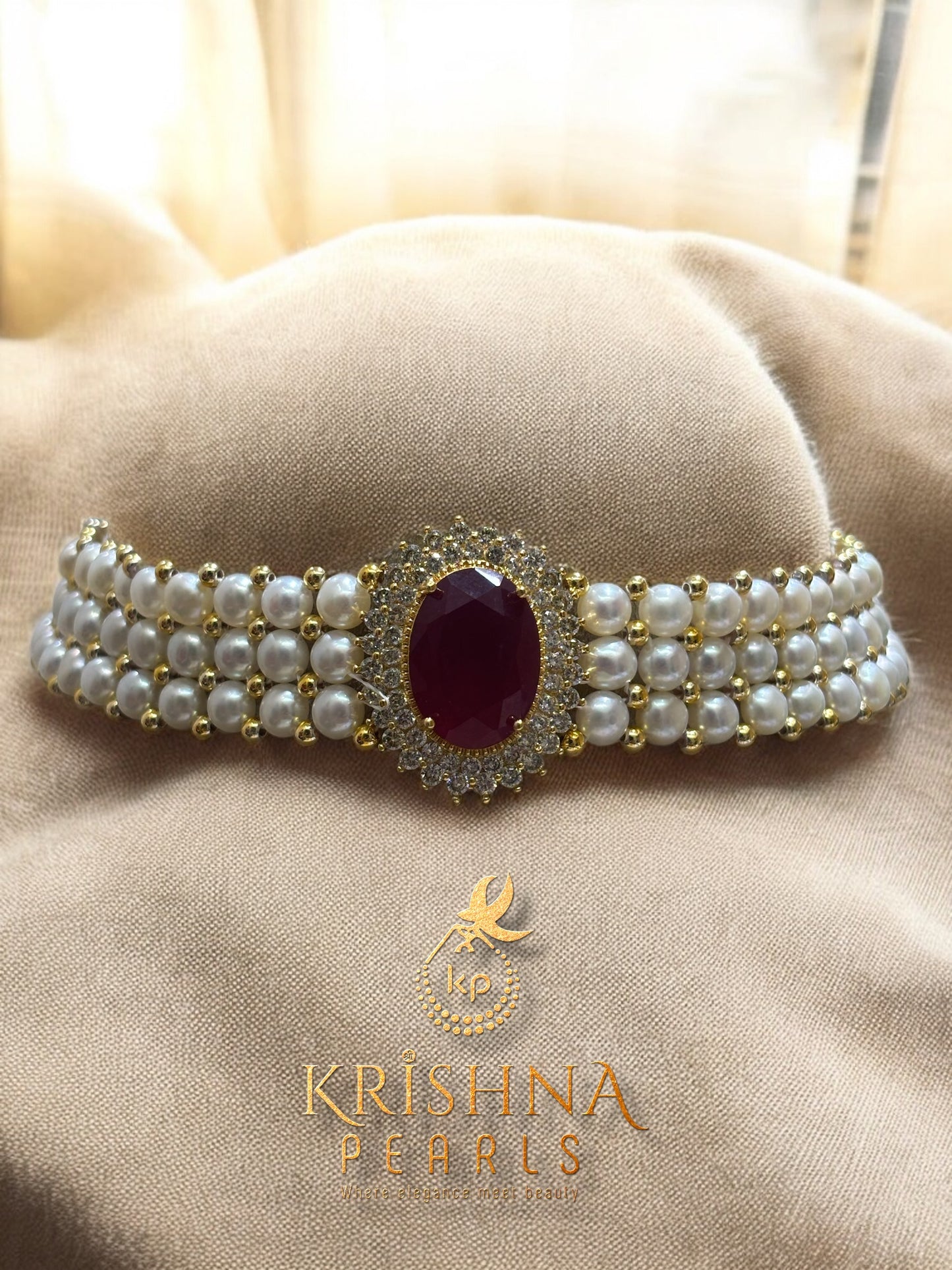 Designer Pearl Choker Set Three Row (Ruby)