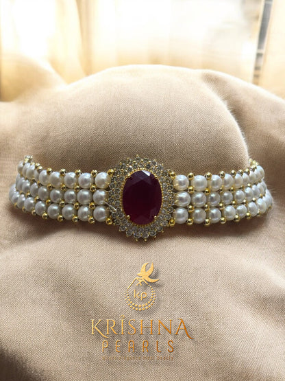 Designer Pearl Choker Set Three Row (Ruby)