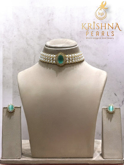 Blue Quartz Studded Button Pearls Choker Set