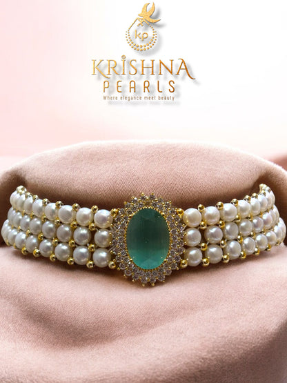 Blue Quartz Studded Button Pearls Choker Set