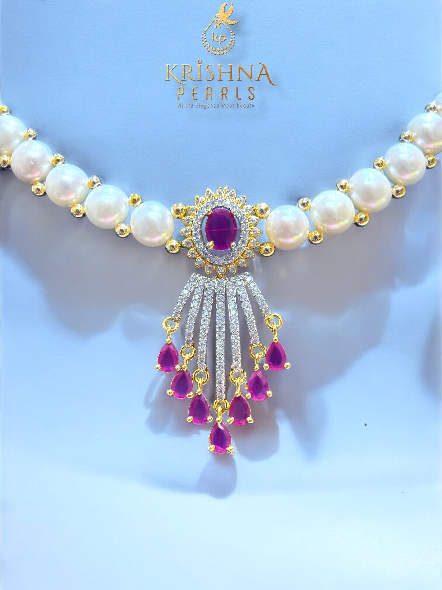 Luxurious Ruby Studded Pendent With Button Pearls Necklace Set