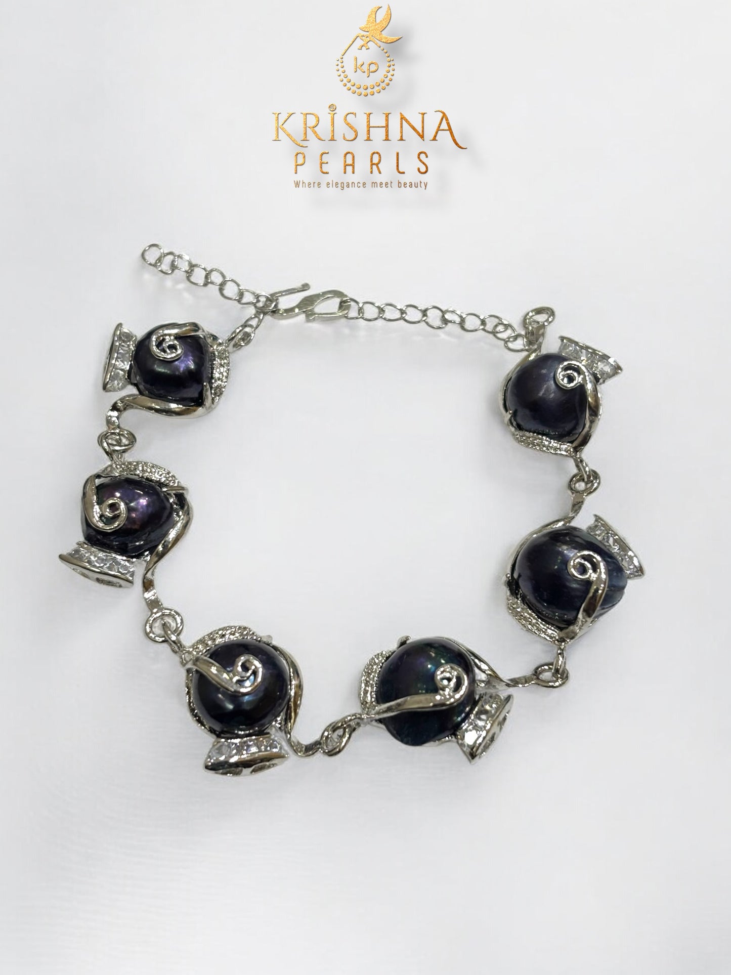 Designer Zircon Stones & Black Baroque Pearls Studded Bracelet