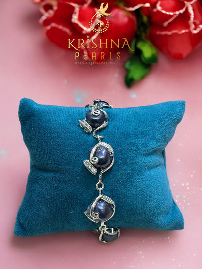 Designer Zircon Stones & Black Baroque Pearls Studded Bracelet