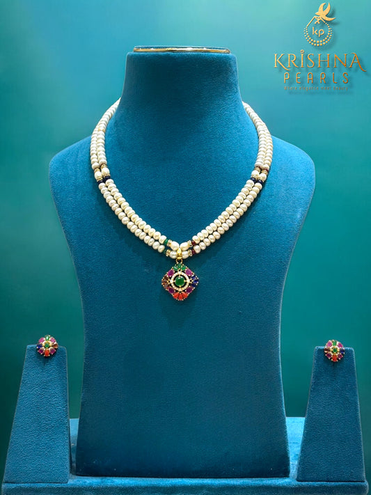 Exclusive Navratna Style Double Layer Pearls Necklace set