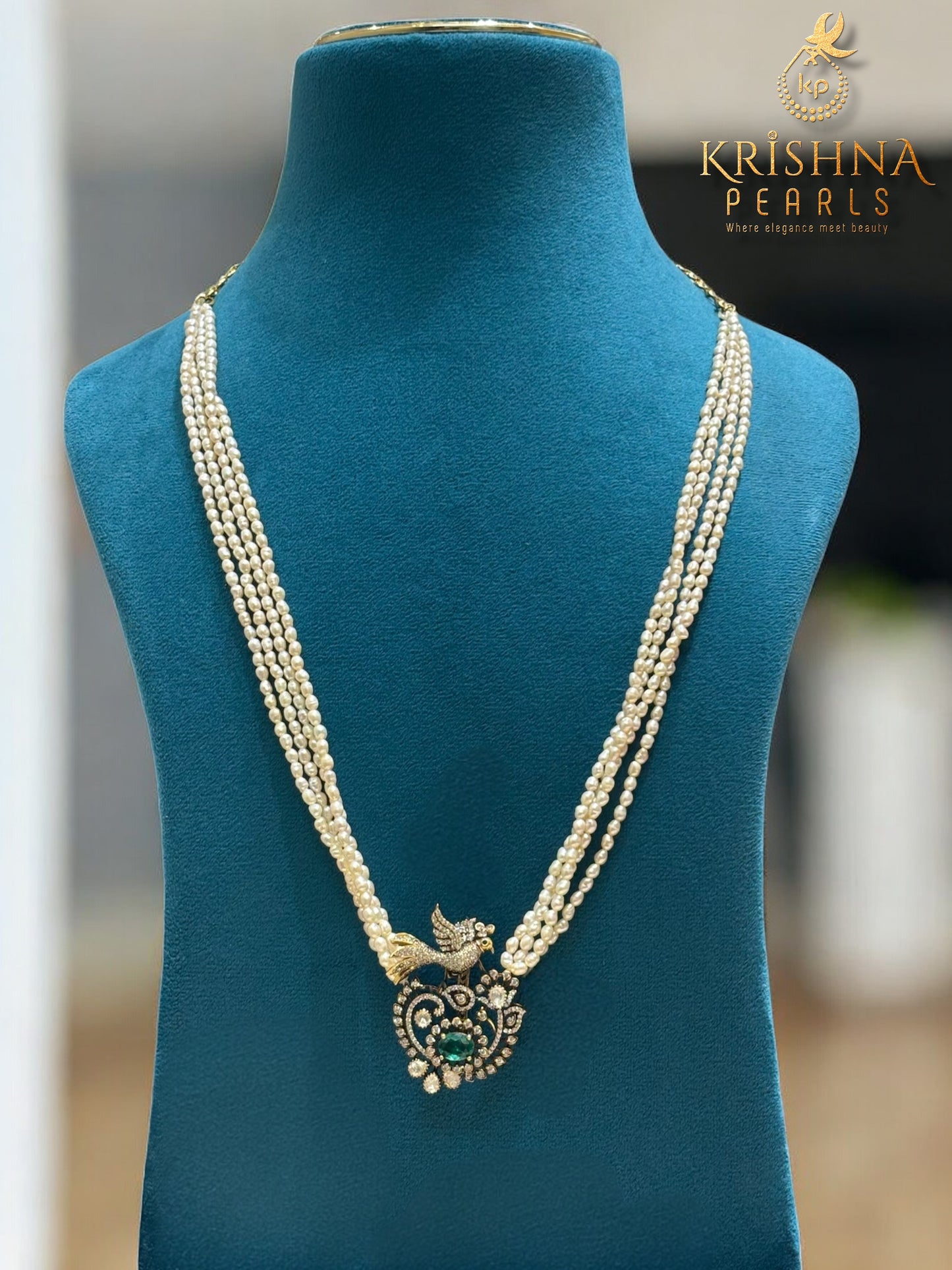 92.5 Silver Emerald Avian Four-Strand Rice Pearls Necklace
