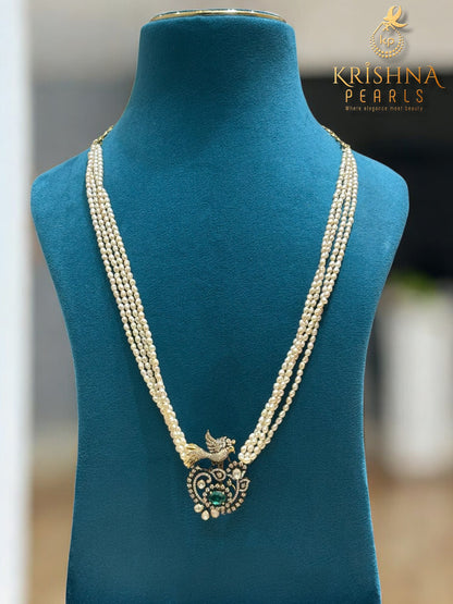 92.5 Silver Emerald Avian Four-Strand Rice Pearls Necklace