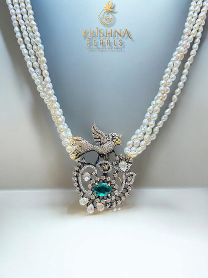 92.5 Silver Emerald Avian Four-Strand Rice Pearls Necklace