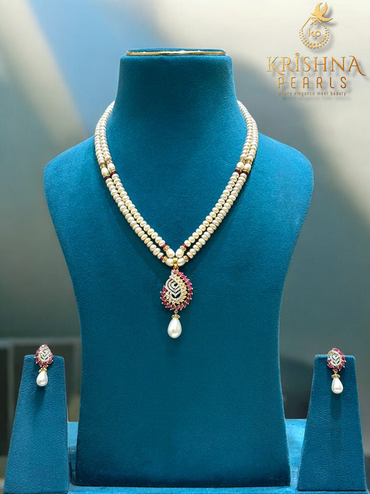 Adorable Rubies Studded Double Layer Pearls Necklace Set