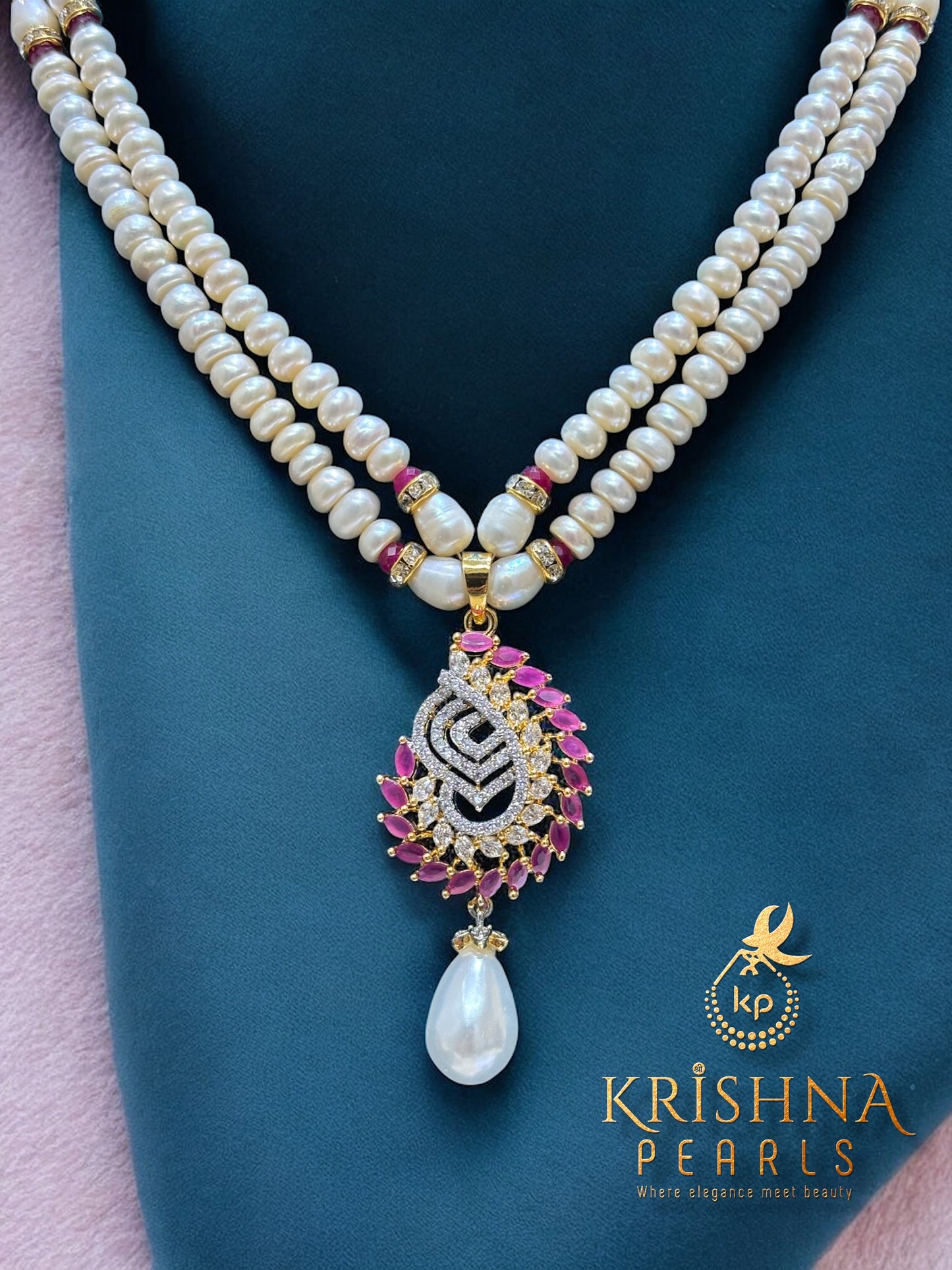 Adorable Rubies Studded Double Layer Pearls Necklace Set